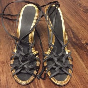 BCBG MaxAzria brown and gold strappy sandal
